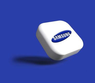 a white samsung logo on a blue background